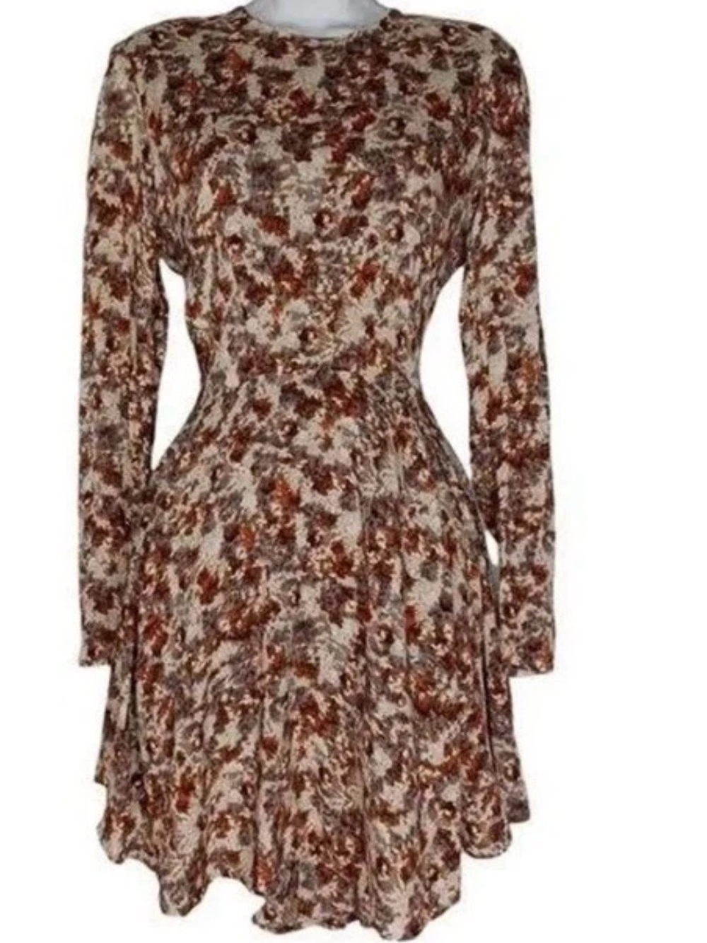 H&M Floral Long-Sleeve Fit & Flare Dress in Brown and Cream